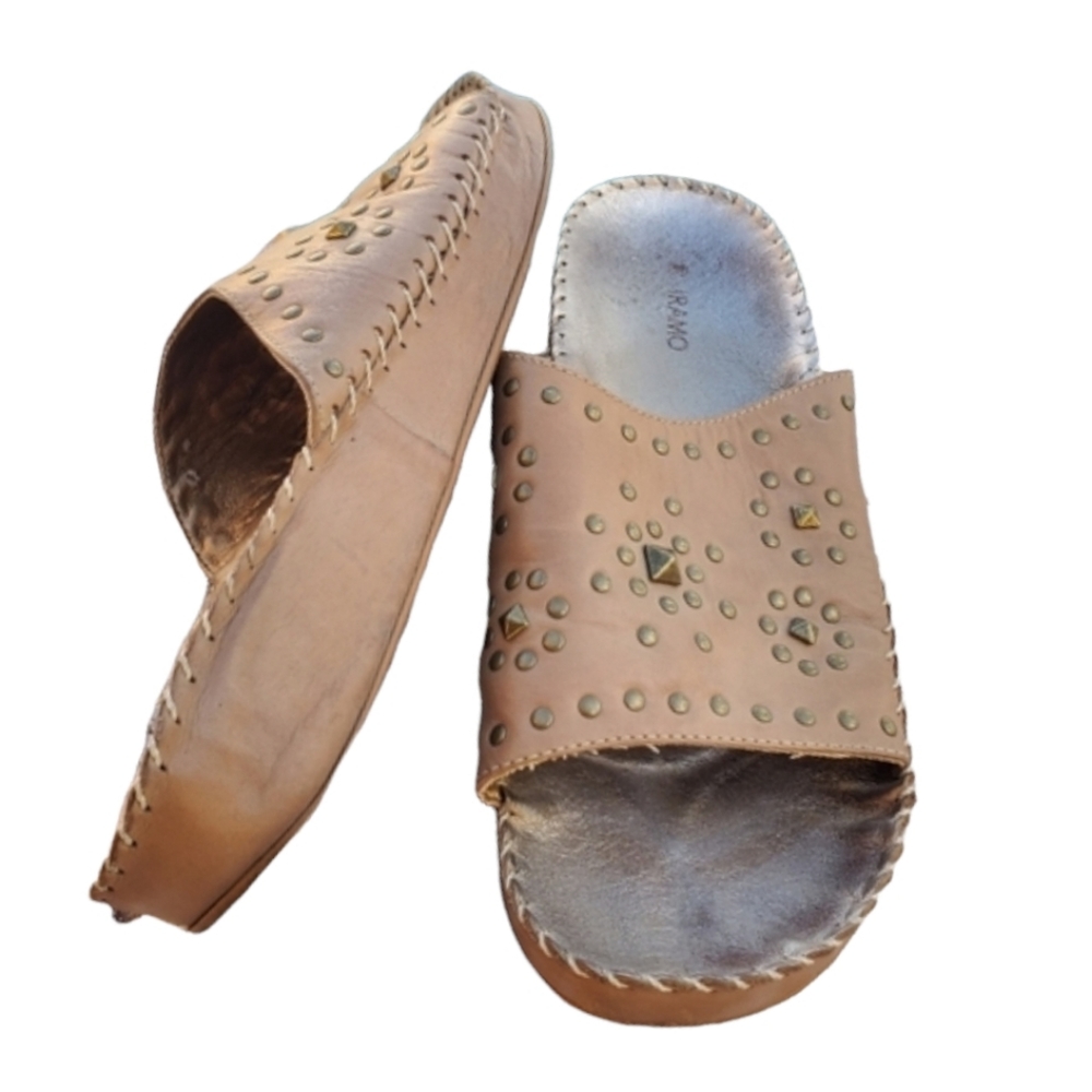 IRAMO SAM OMARI Studded Leather Platform Slides 40 9.5 Tan Boho Sandals - Picture 9 of 14